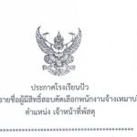 ประกาศรายชื่อผู้มีสิทธิ์สอบคัดเลือกพนังงานจ้างเหมาบริการ ตำแหน่งเจ้าหน้าที่พัสดุ